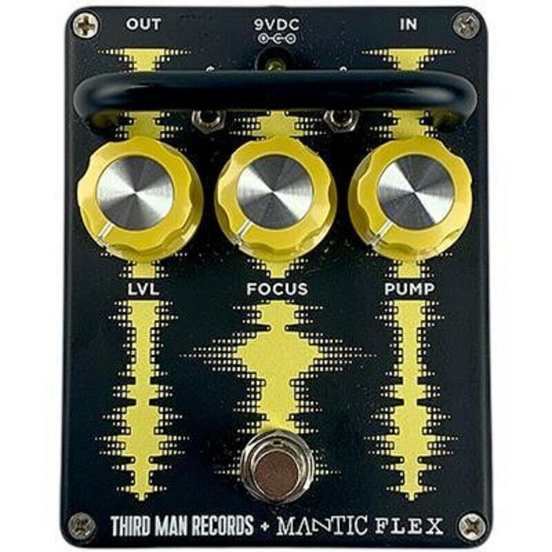 Mantic Flex black synth fuzz pedal top view showing Level Focus and Pump knobs