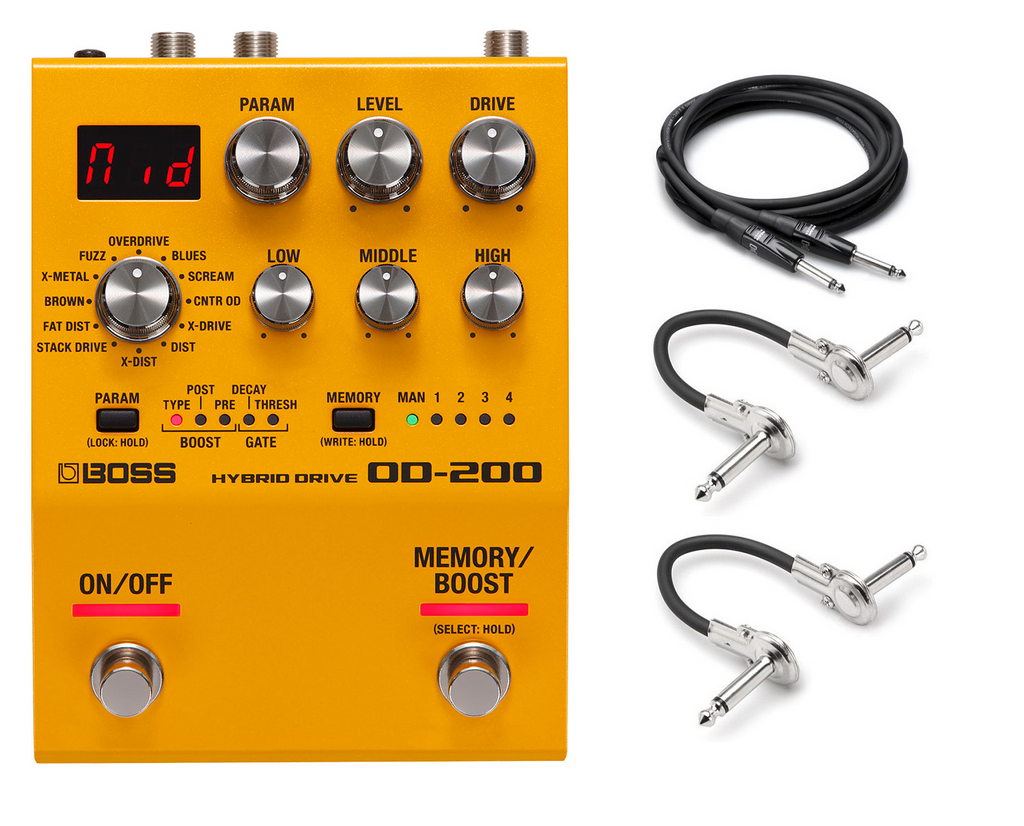 Boss OD-200 Hybrid Drive overdrive distortion pedal — orange, with cables