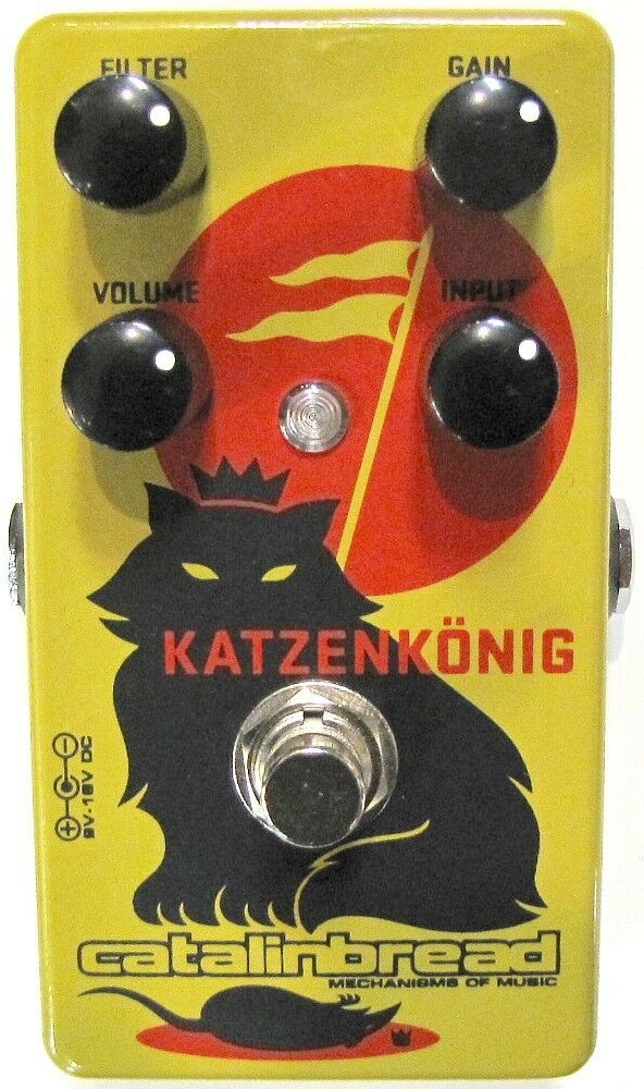 Catalinbread Katzenkonig distortion pedal - yellow enclosure with red and black cat king graphic