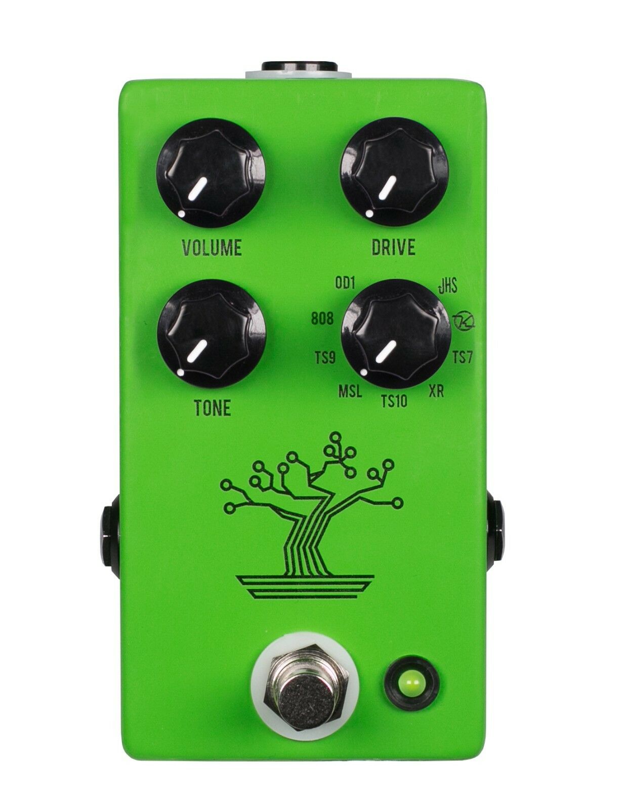 JHS Bonsai green 9-way Screamer overdrive pedal with Volume, Drive, Tone, and mode rotary knobs