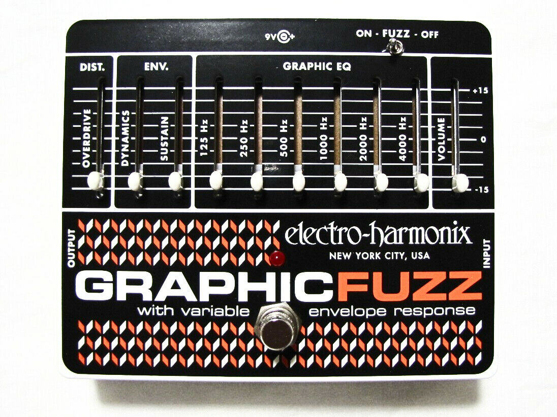 Electro-Harmonix Graphic Fuzz EQ Distortion Sustainer pedal — top view with sliders