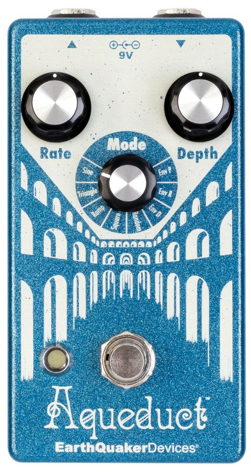 EarthQuaker Devices Aqueduct Vibrato Pedal - blue sparkle enclosure, front view