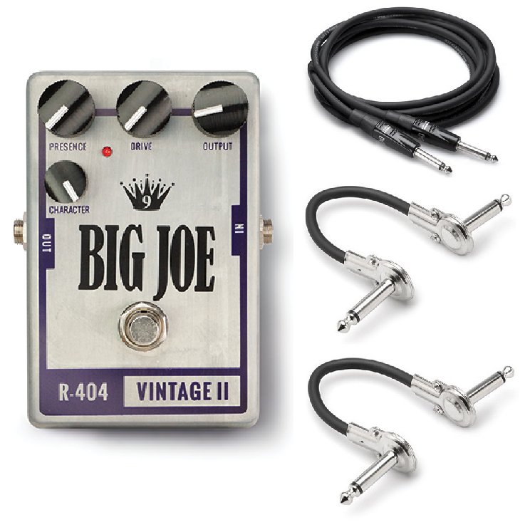 Big Joe R-404 Vintage II overdrive pedal — silver enclosure with included cables