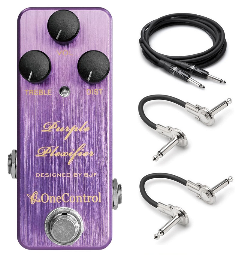One Control Purple Plexifier distortion guitar pedal — purple enclosure shown with instrument and patch cables