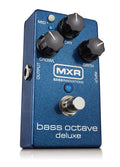 MXR M288 Bass Octave Deluxe pedal — angled view, blue sparkle enclosure with Growl, Dry, and Girth knobs