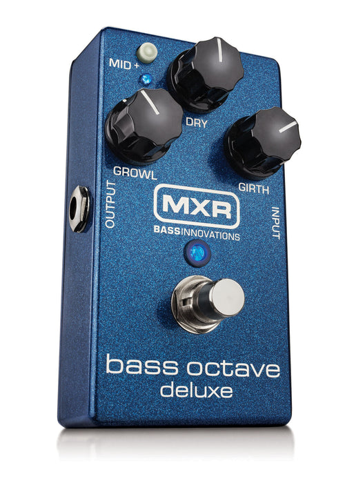 MXR M288 Bass Octave Deluxe pedal — angled view, blue sparkle enclosure with Growl, Dry, and Girth knobs