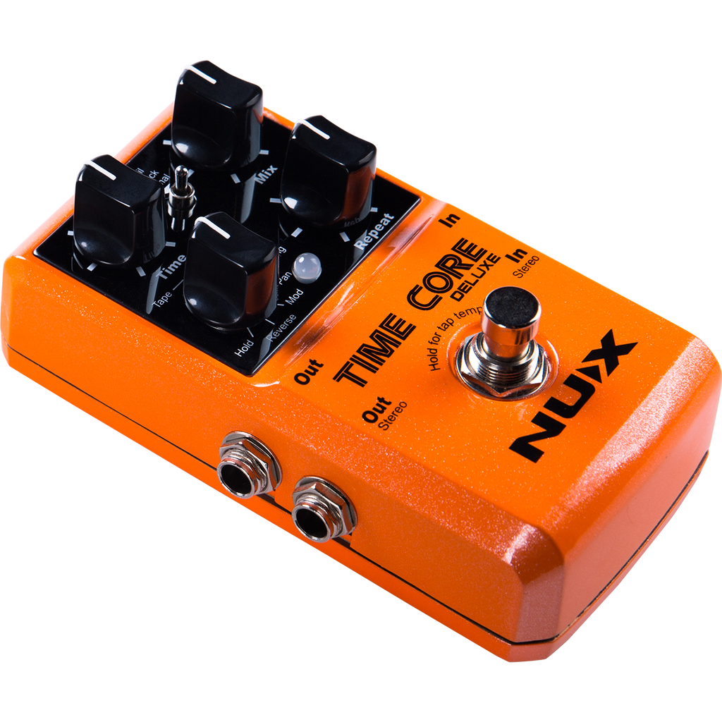 NUX Time Core Deluxe delay pedal — angled orange stompbox view