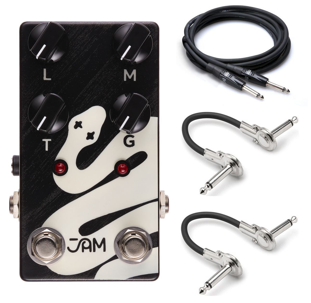 JAM Pedals Rattler Bass distortion pedal — black enclosure with white snake art, patch and guitar cables