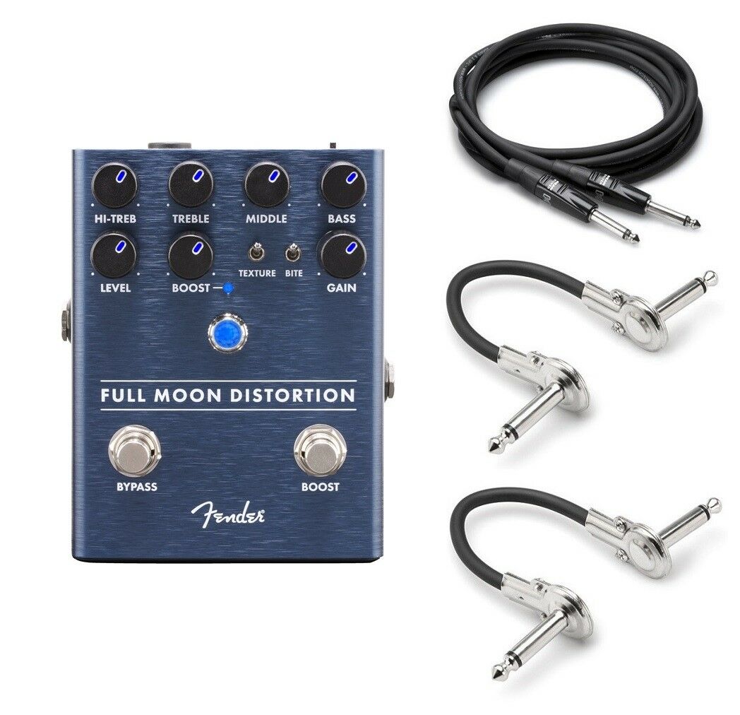 Fender Full Moon Distortion pedal — blue front panel with included guitar and patch cables