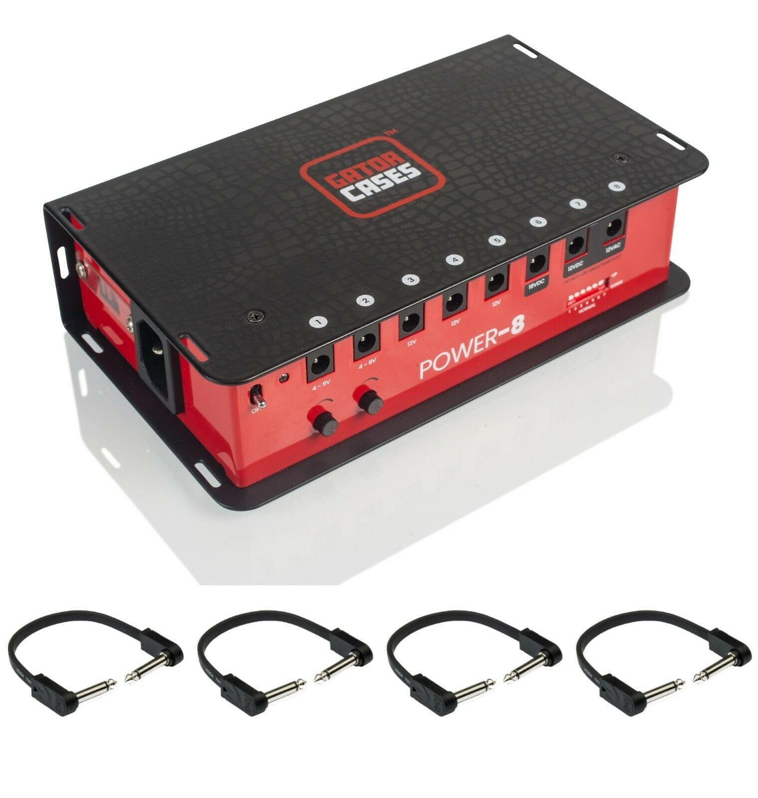 Gator GTR-PWR-8 power supply — black & red all-metal unit, top angle