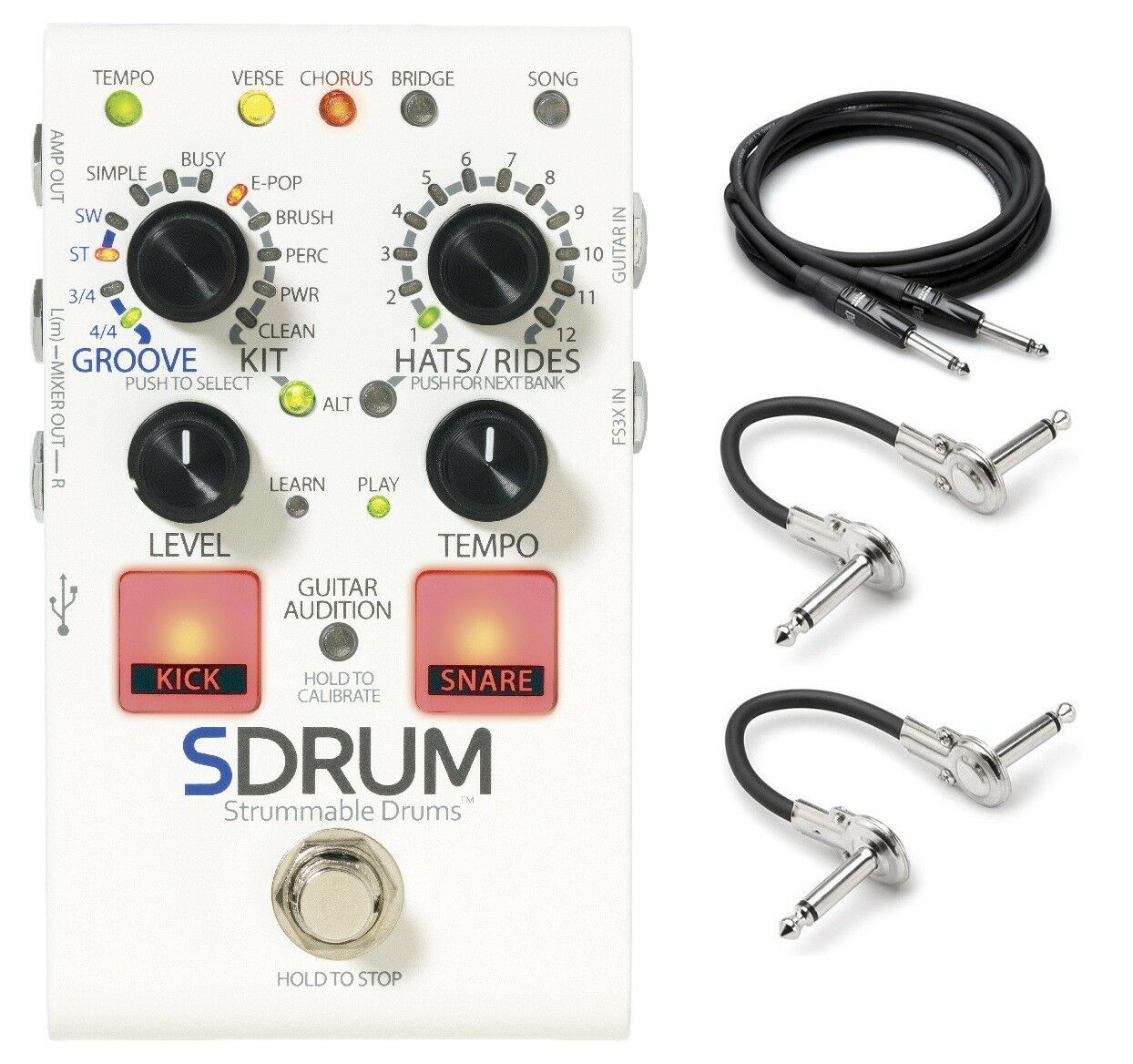 DigiTech SDrum strummable drums pedal — white enclosure with included cables