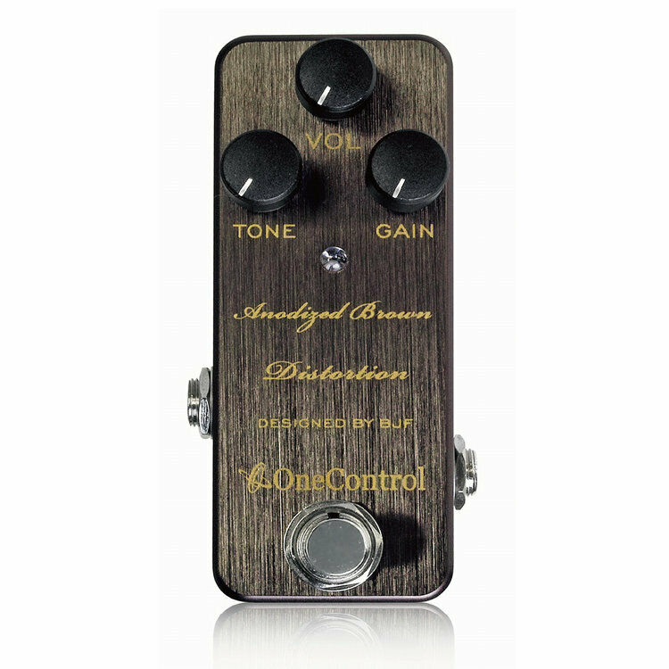One Control Anodized Brown Distortion guitar pedal — front top view with VOL TONE GAIN knobs