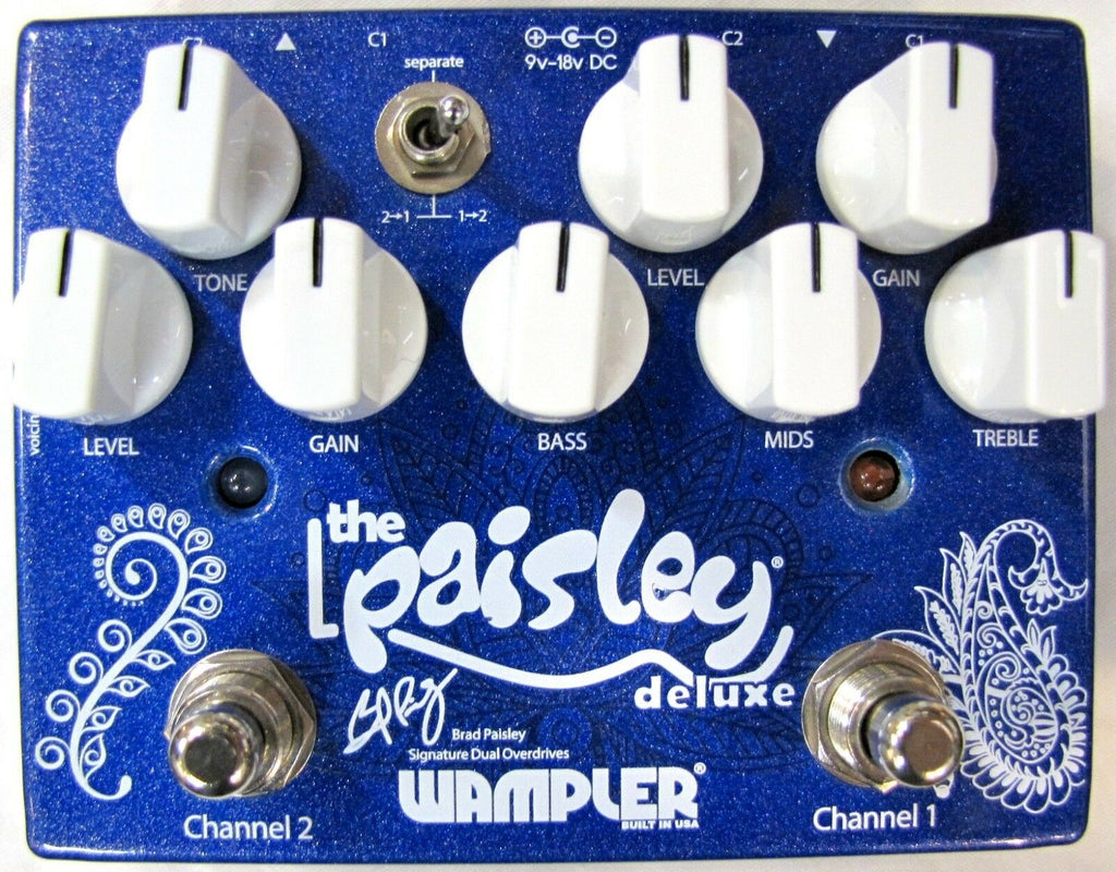 Used Wampler Brad Paisley Drive Deluxe blue dual overdrive pedal, top view with dual channel knobs
