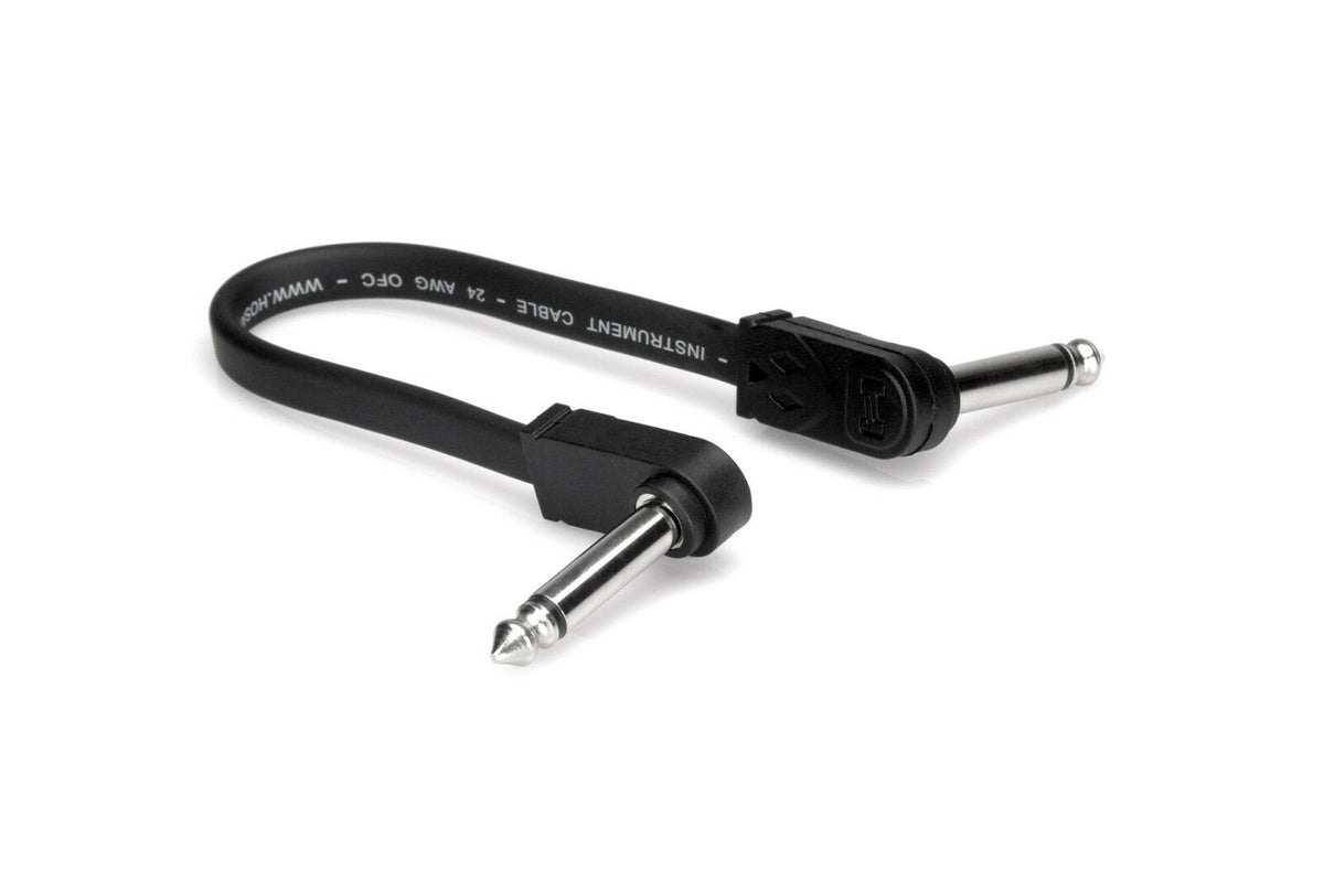Hosa CFP-112 patch cable — black 12-inch flat cable with right-angle plugs
