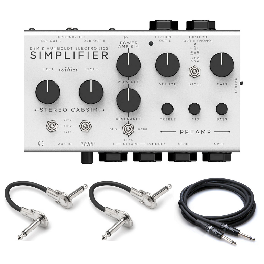 DSM & Humboldt Simplifier stereo amp/cab simulator — white enclosure, top view with included cables