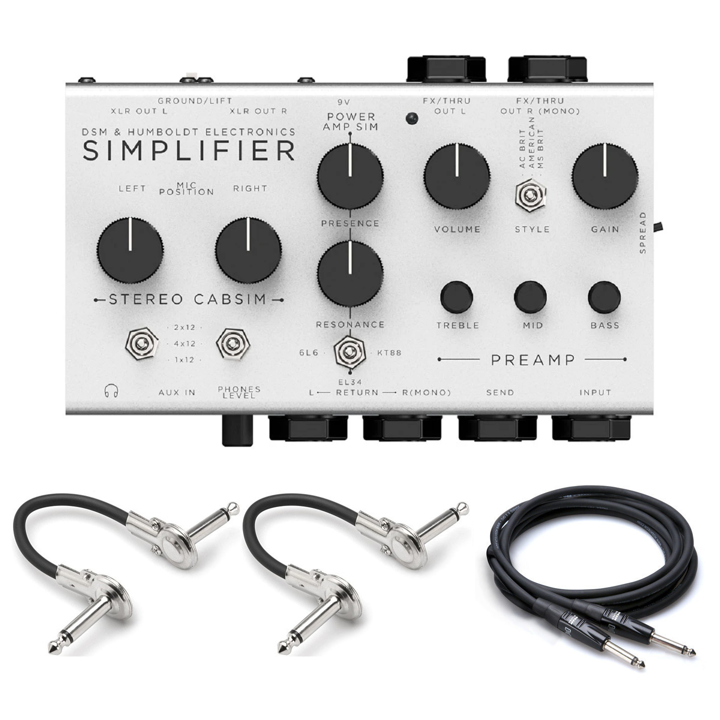 DSM & Humboldt Simplifier stereo amp/cab simulator — white enclosure, top view with included cables