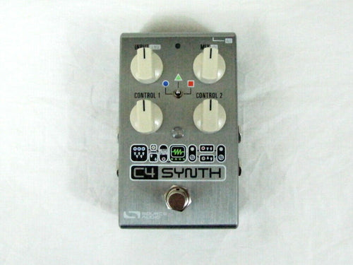 Used Source Audio SA249 C4 Synthesizer One Series effects pedal, silver brushed aluminum, top view