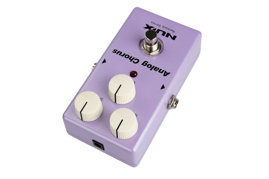 NUX Analog Chorus pedal — rear power and footswitch detail