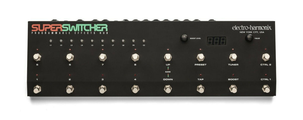 Electro-Harmonix Super Switcher programmable effects hub — black enclosure, top view with footswitches and display