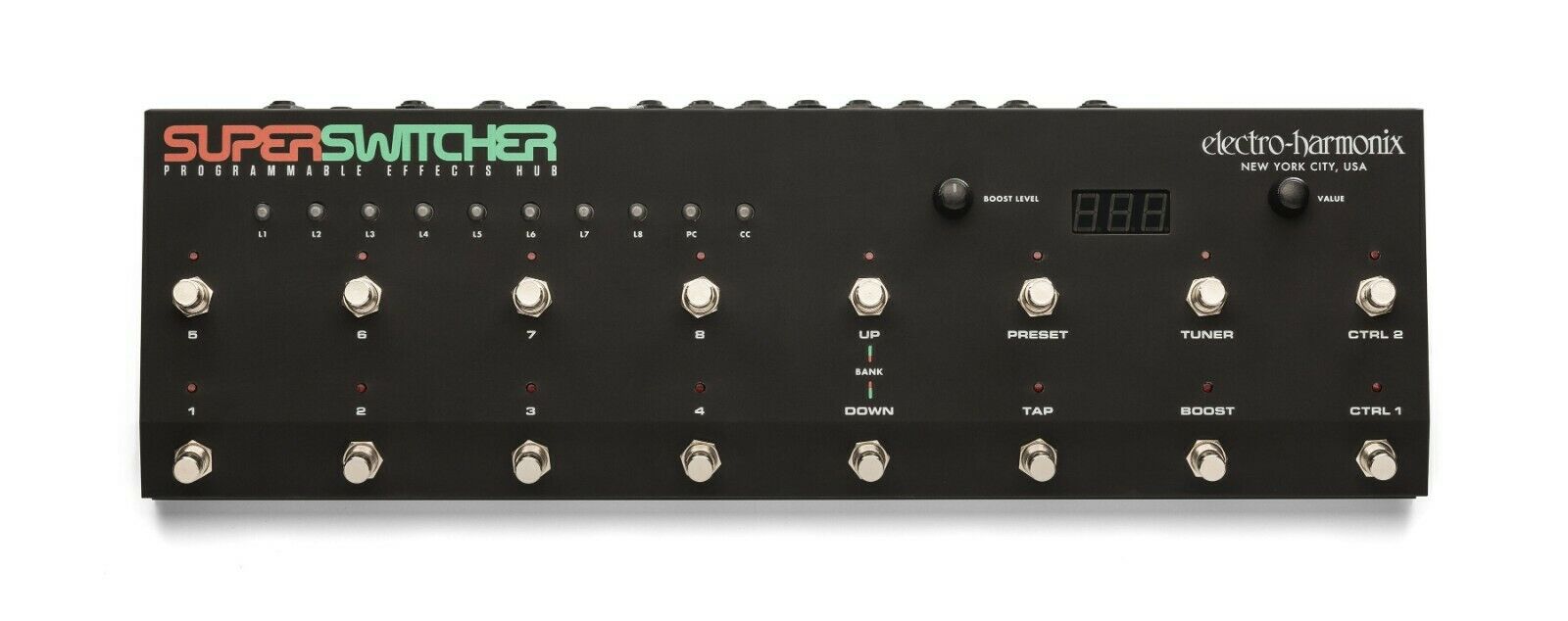 Electro-Harmonix Super Switcher programmable effects hub — black enclosure, top view with footswitches and display