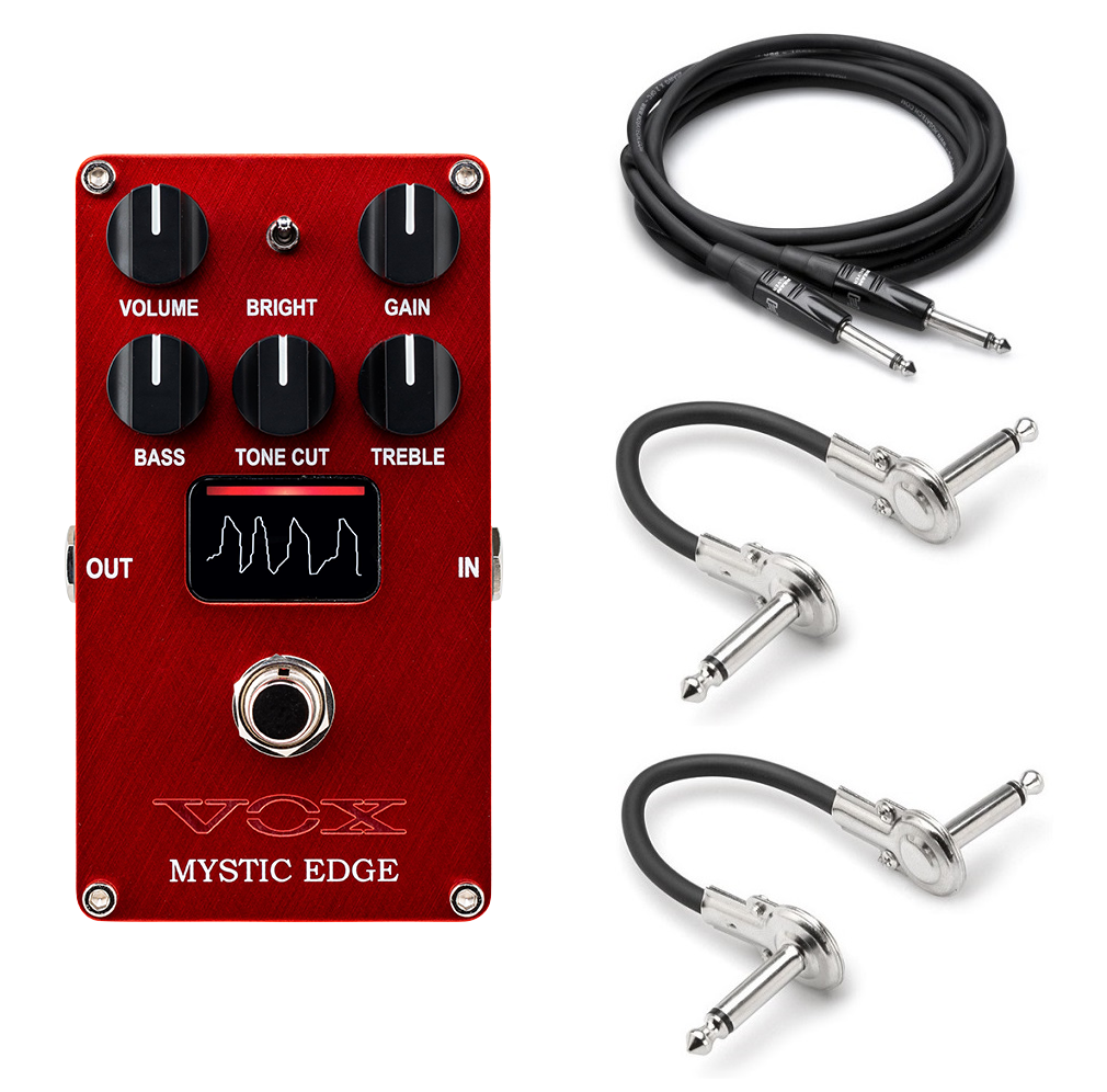 Vox Valvenergy Mystic Edge overdrive pedal — red enclosure with OLED display and bundled Hosa cables