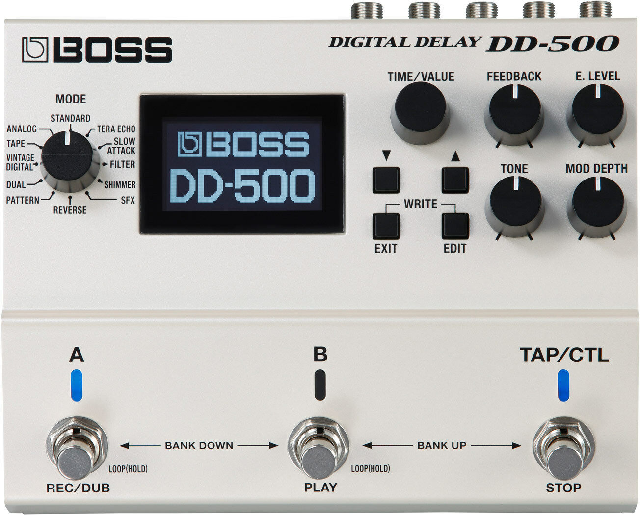 Boss DD-500 digital delay pedal — top view of controls and LCD display