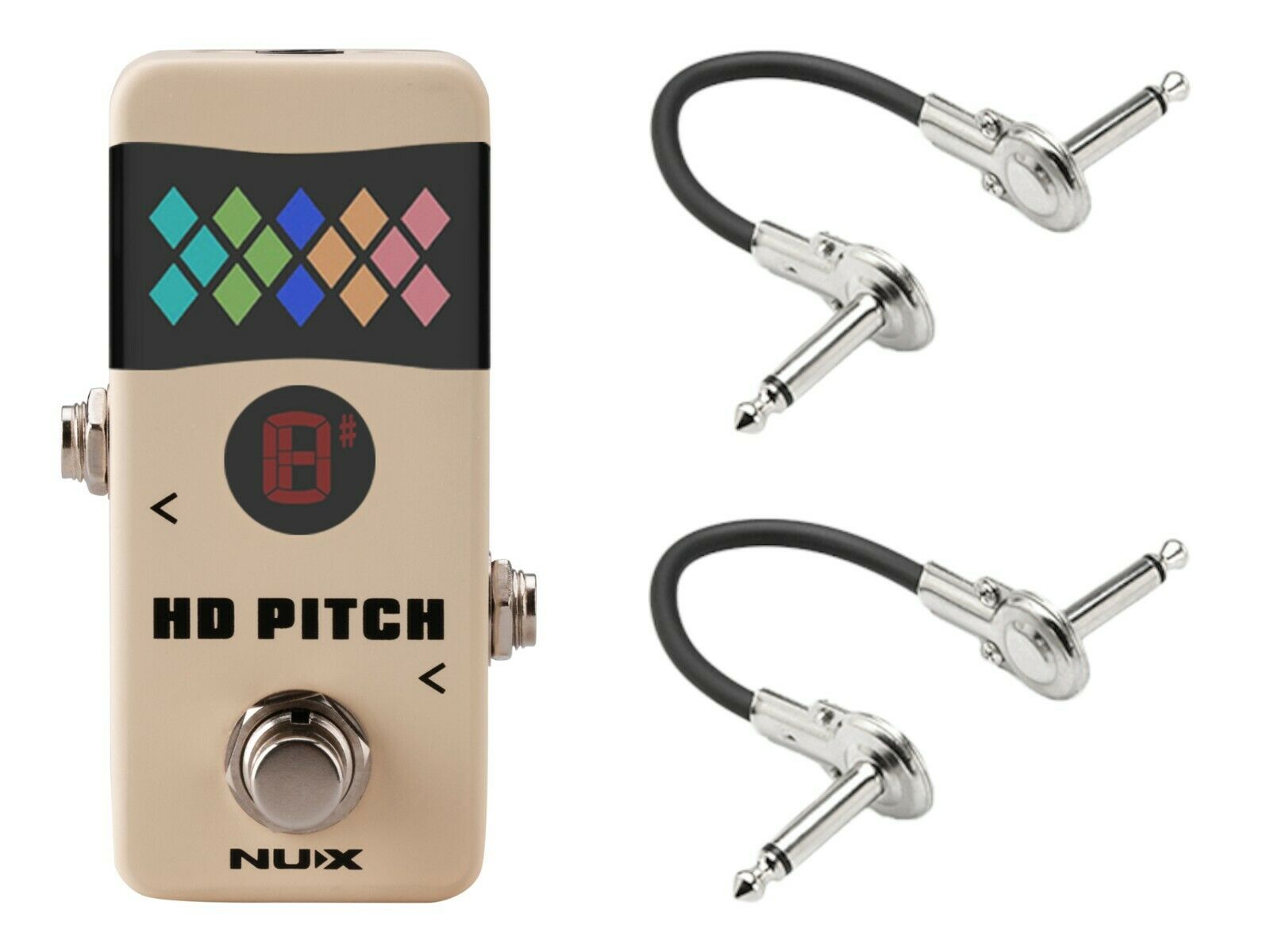 NUX NTU-2 HD Pitch mini tuner pedal — cream enclosure with color LED display and patch cables