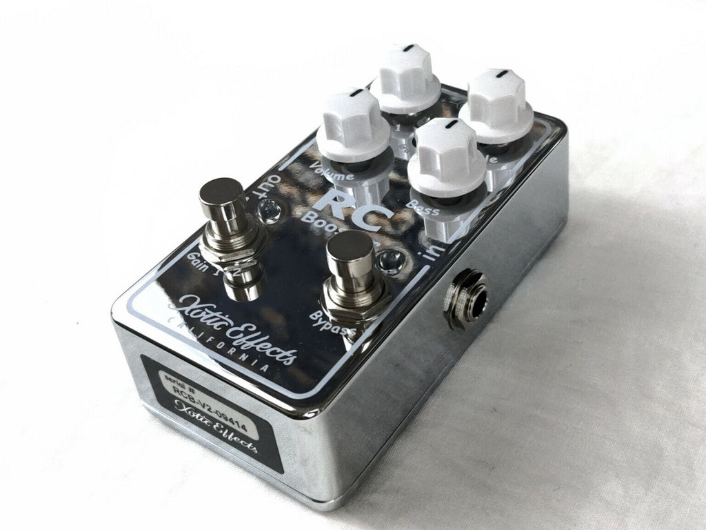 Used Xotic RC Booster V2 boost pedal — top down knob detail view