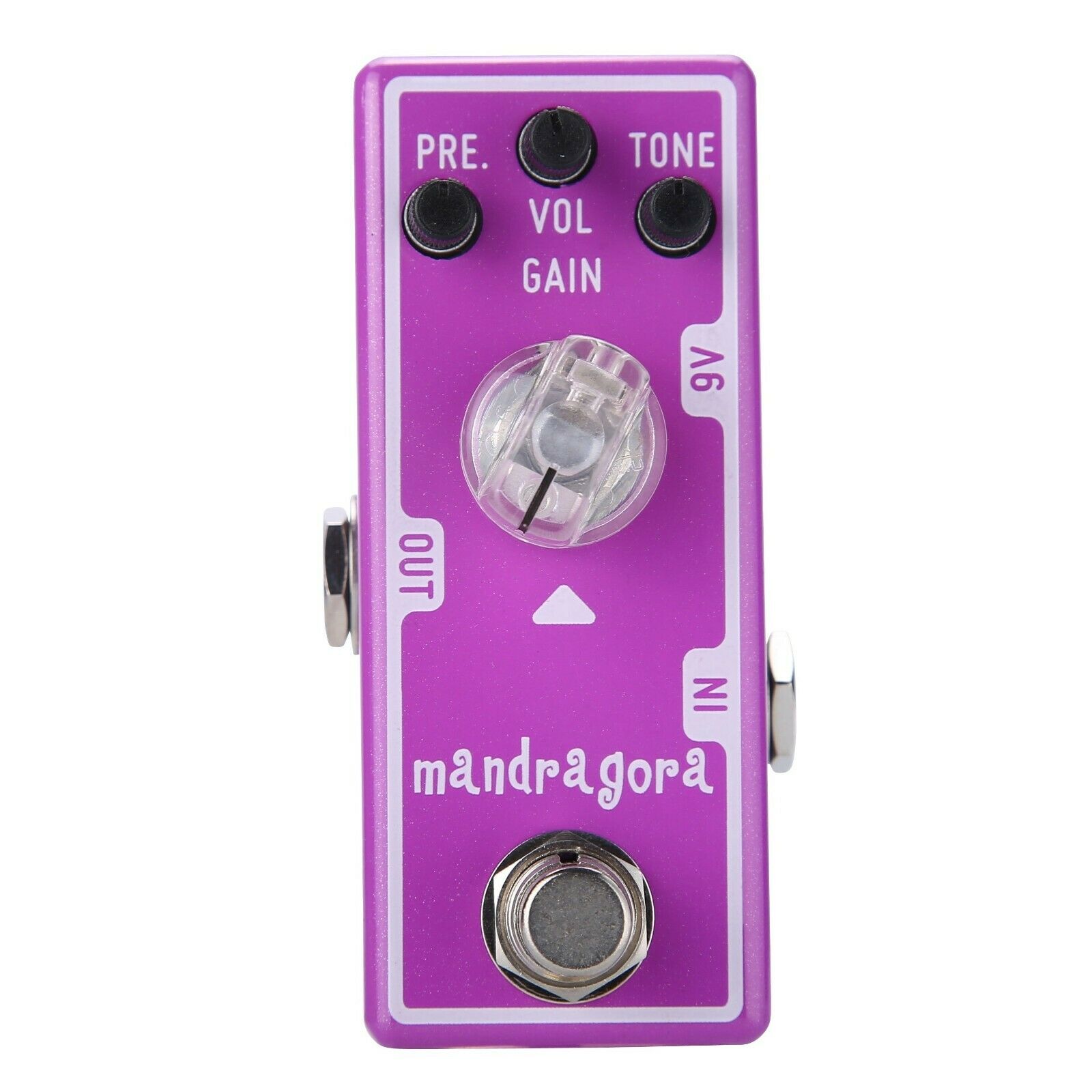 Tone City Mandragora purple mini overdrive pedal front view with Pre, Vol, Tone, Gain knobs