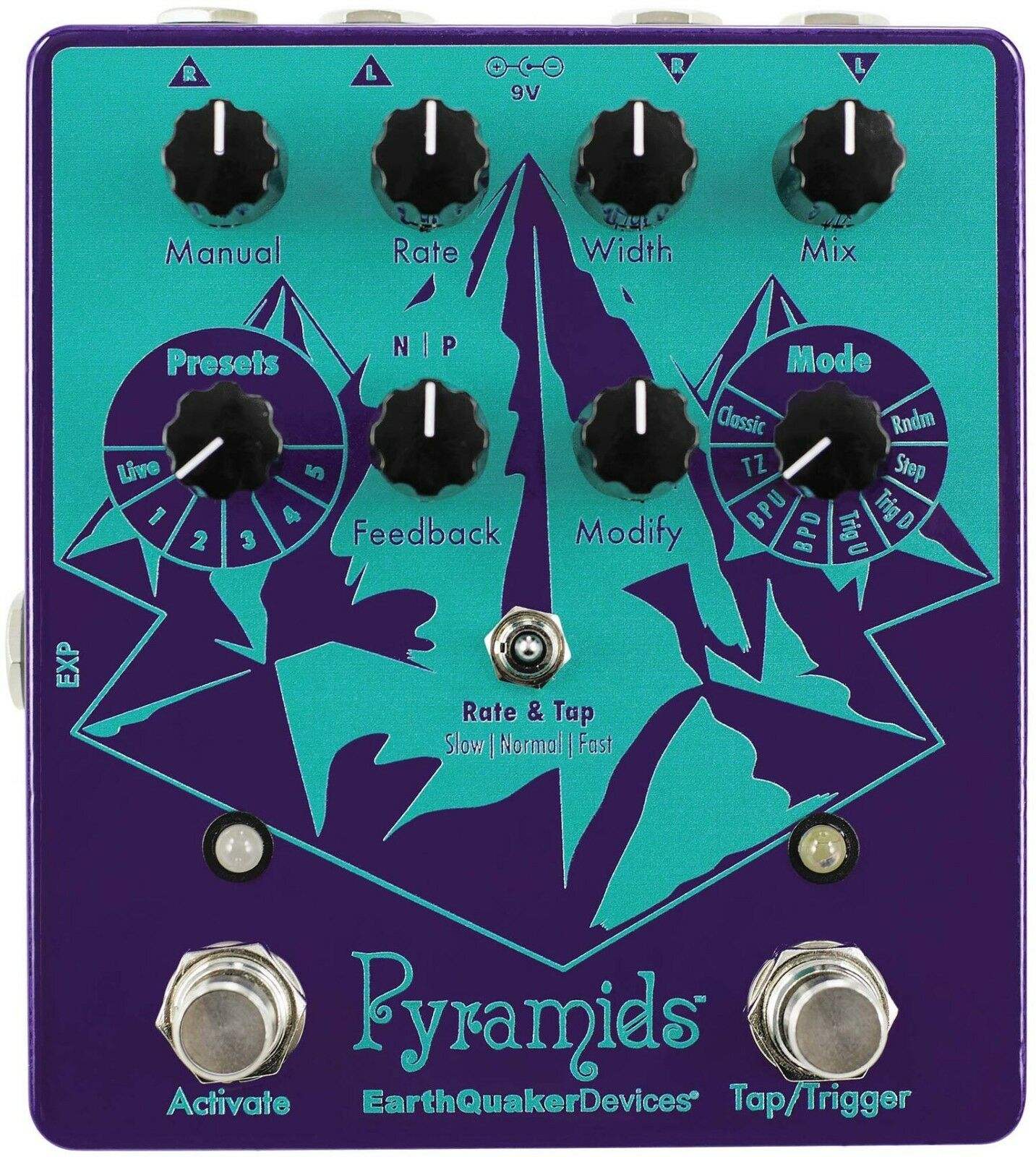 EarthQuaker Devices Pyramids Stereo Flanging Device — top view, purple and teal enclosure