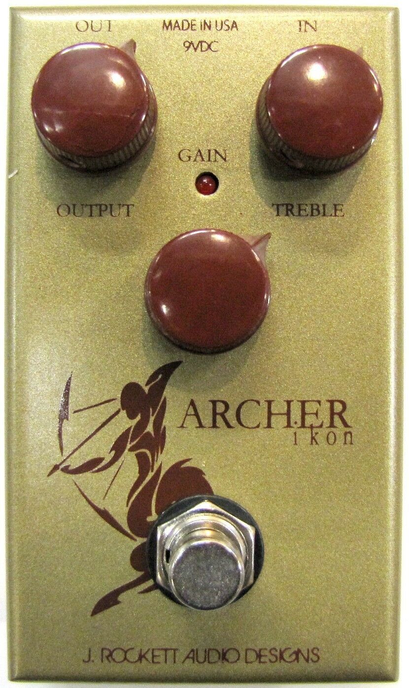 J Rockett Archer Ikon overdrive boost pedal — gold enclosure, top view