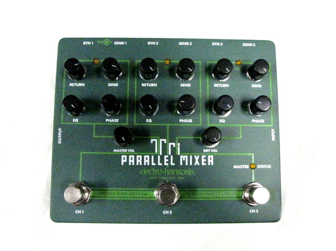 EHX Electro-Harmonix Tri Parallel Mixer — green enclosure front view with 3 FX loops