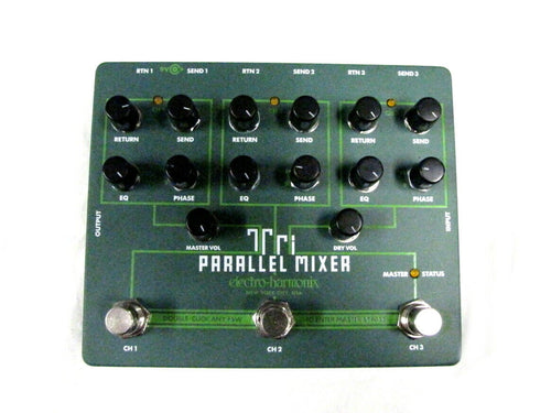 EHX Electro-Harmonix Tri Parallel Mixer — green enclosure front view with 3 FX loops