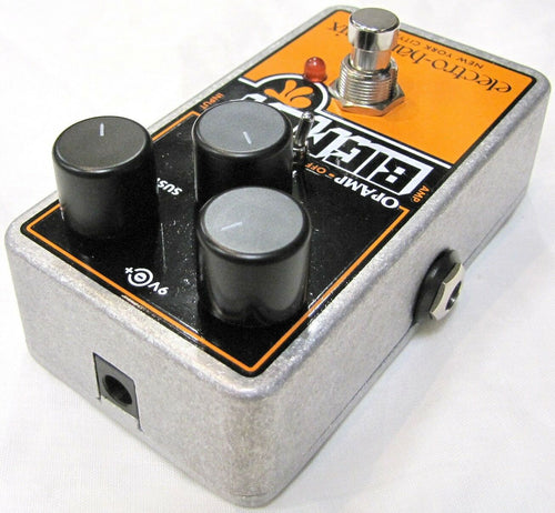 Used EHX Op-Amp Big Muff Pi distortion pedal, angled view of controls