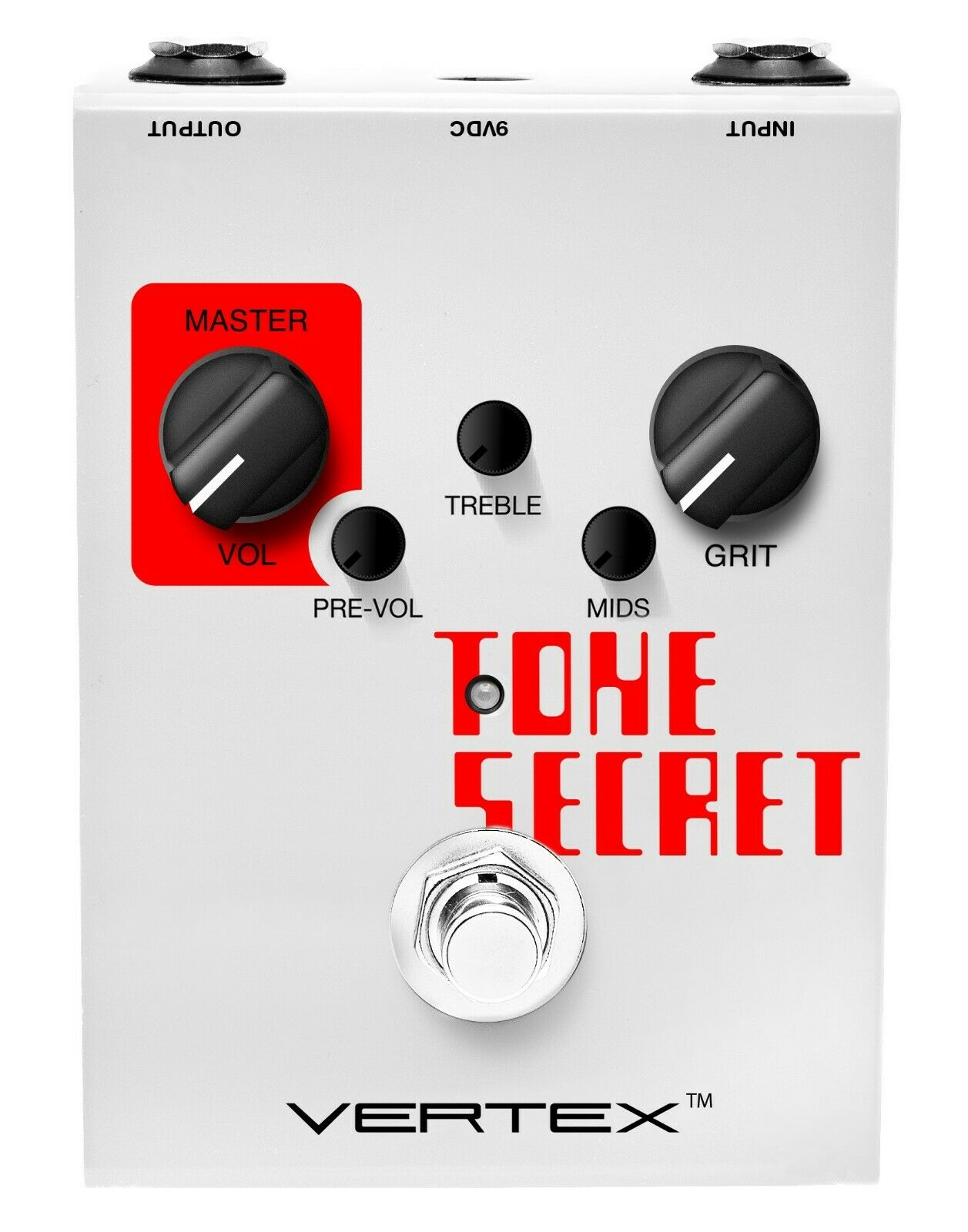 Vertex TS Tone Secret overdrive pedal, white with red graphics, top view