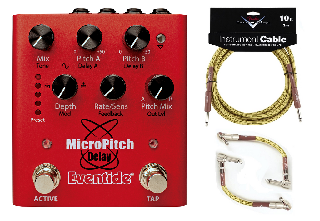 Eventide MicroPitch Delay pitch shifter pedal — red enclosure with included Fender tweed cables