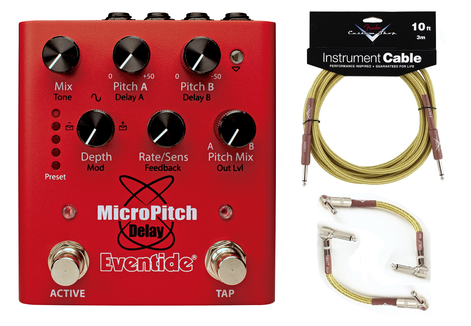 Eventide MicroPitch Delay pitch shifter pedal — red enclosure with included Fender tweed cables
