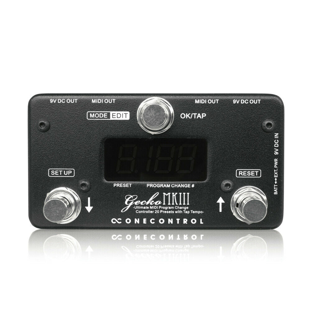 One Control Gecko MKIII compact MIDI footswitch controller — black enclosure, LED display, 20 presets