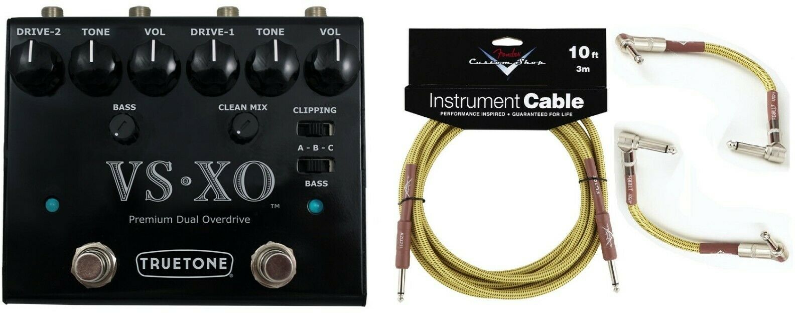Truetone V3 VS-XO black dual overdrive pedal with free Fender Tweed cables