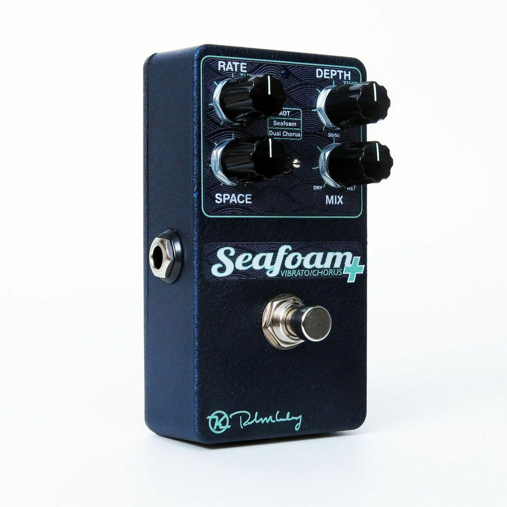 Keeley Seafoam Plus chorus pedal in metallic blue, angled view of controls and footswitch
