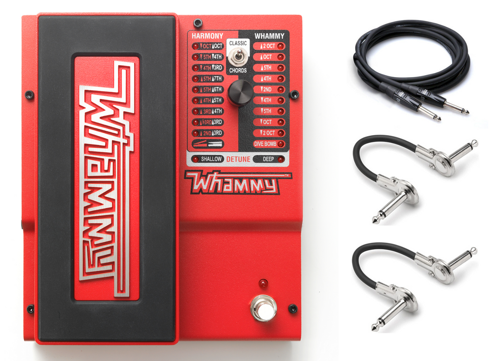 DigiTech Whammy 5 pitch shifting guitar pedal — red, with cables