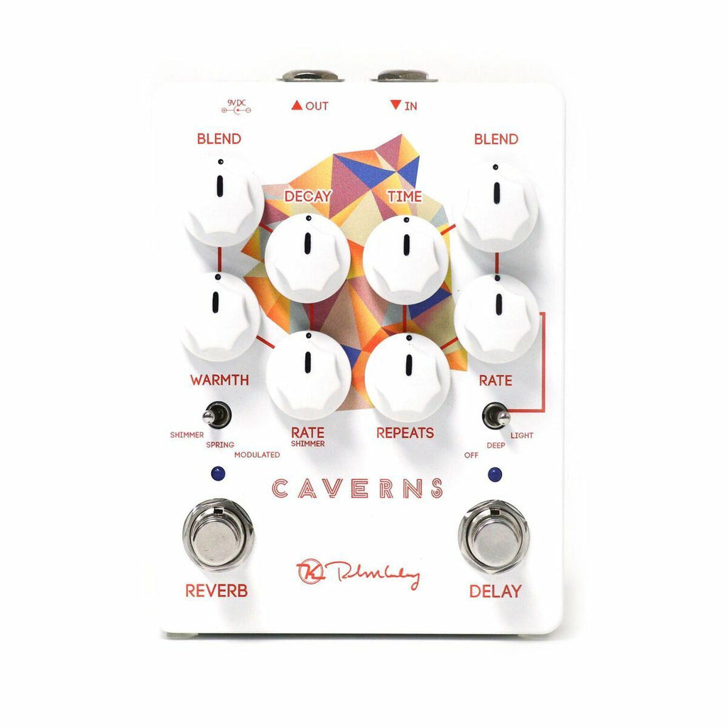 Keeley Caverns Delay Reverb V2 pedal — top controls and dual footswitches detail