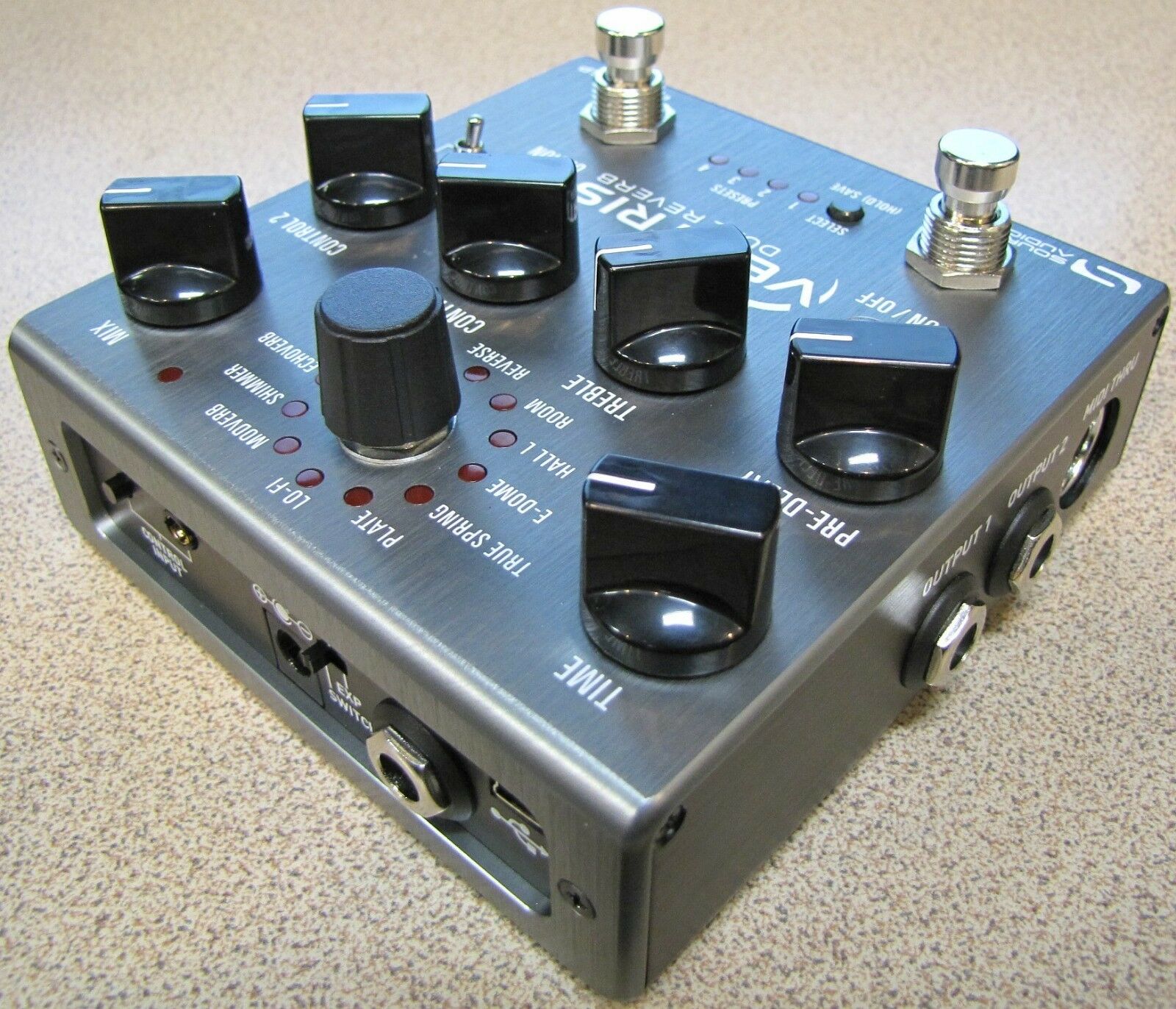 Source Audio SA262 Ventris Dual Reverb pedal — silver, footswitch detail