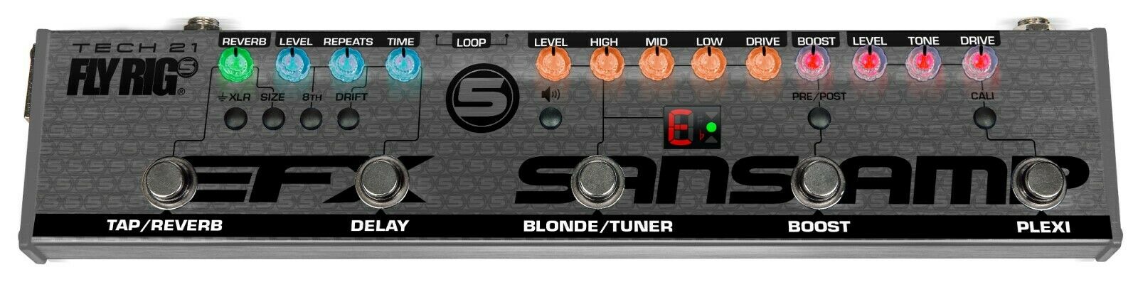 Tech 21 Fly Rig 5 V2 SansAmp multi-effects guitar pedal — top view, gray enclosure