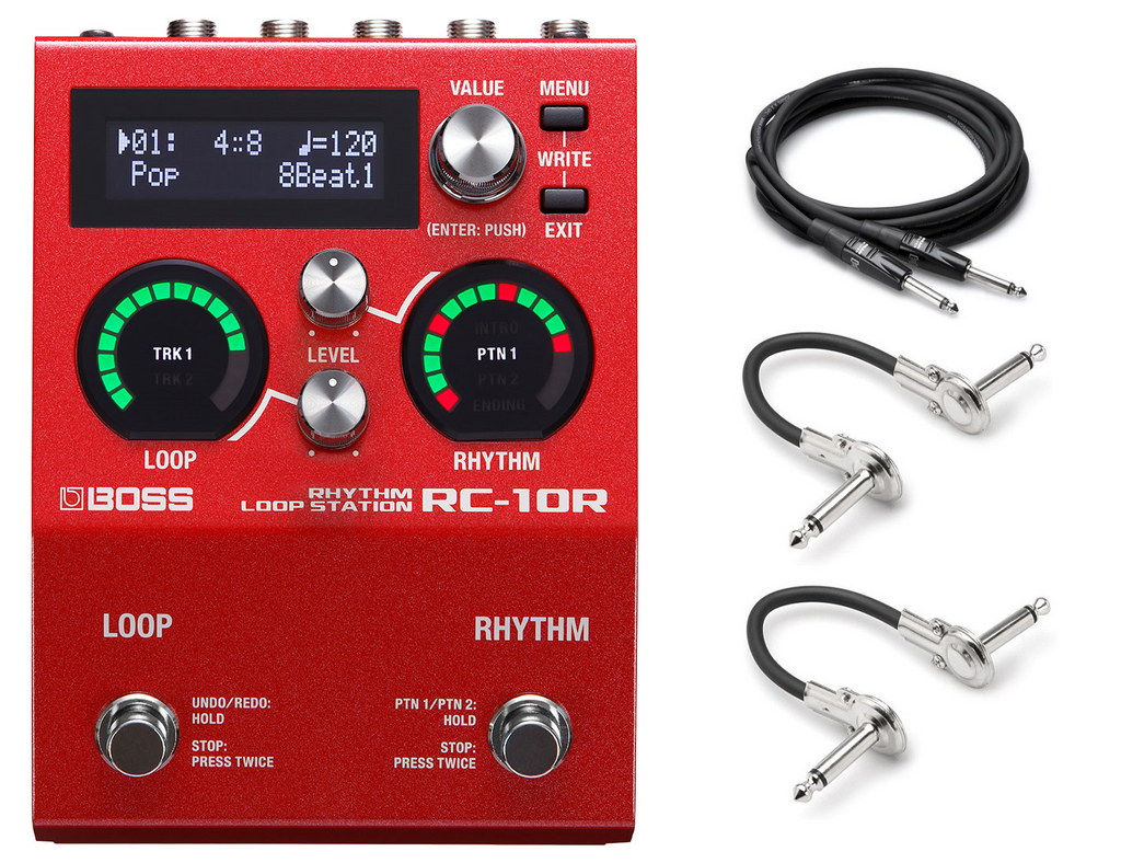 Boss RC-10R Rhythm Loop Station pedal in red with included instrument and patch cables