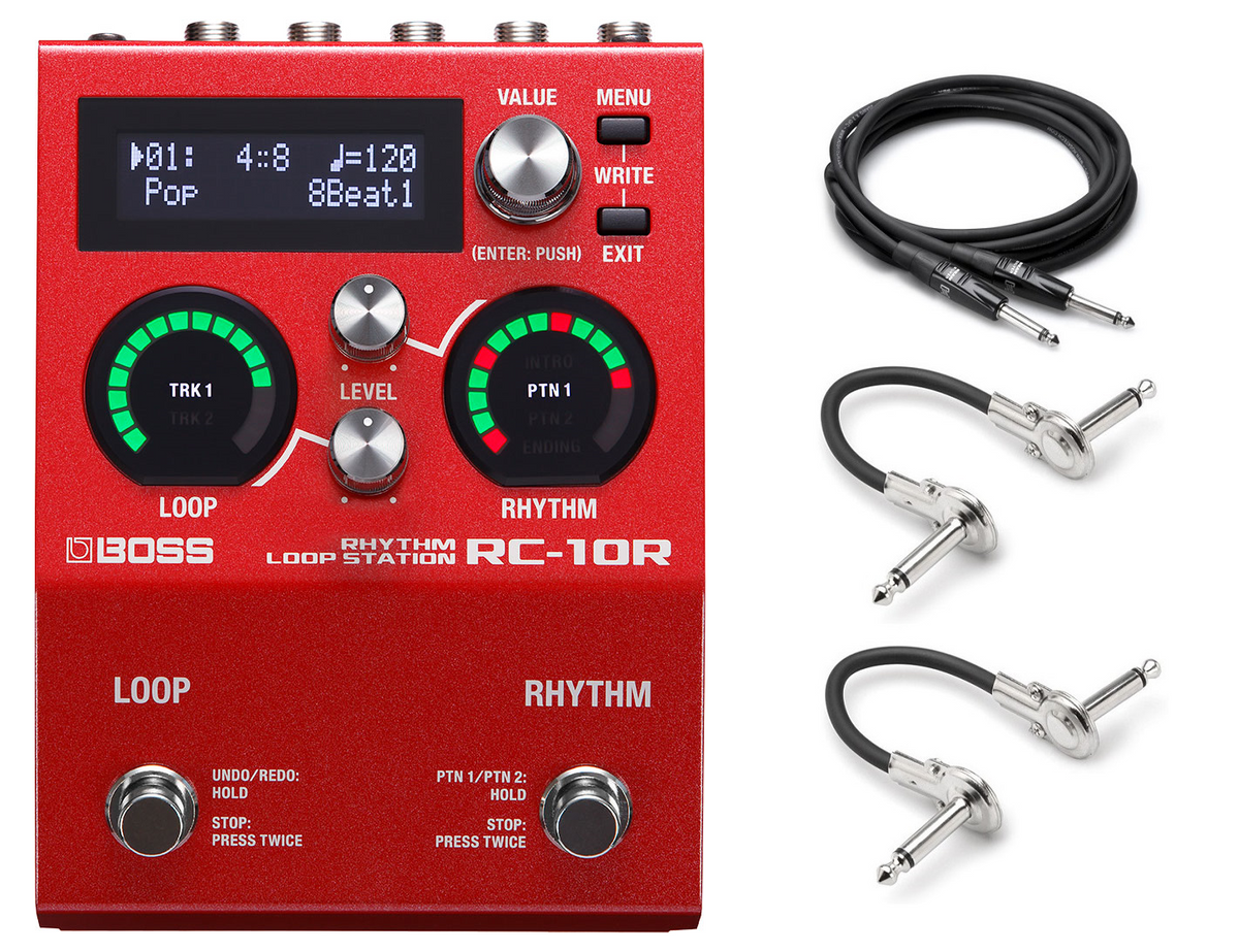 Boss RC-10R Rhythm Loop Station pedal in red with included instrument and patch cables