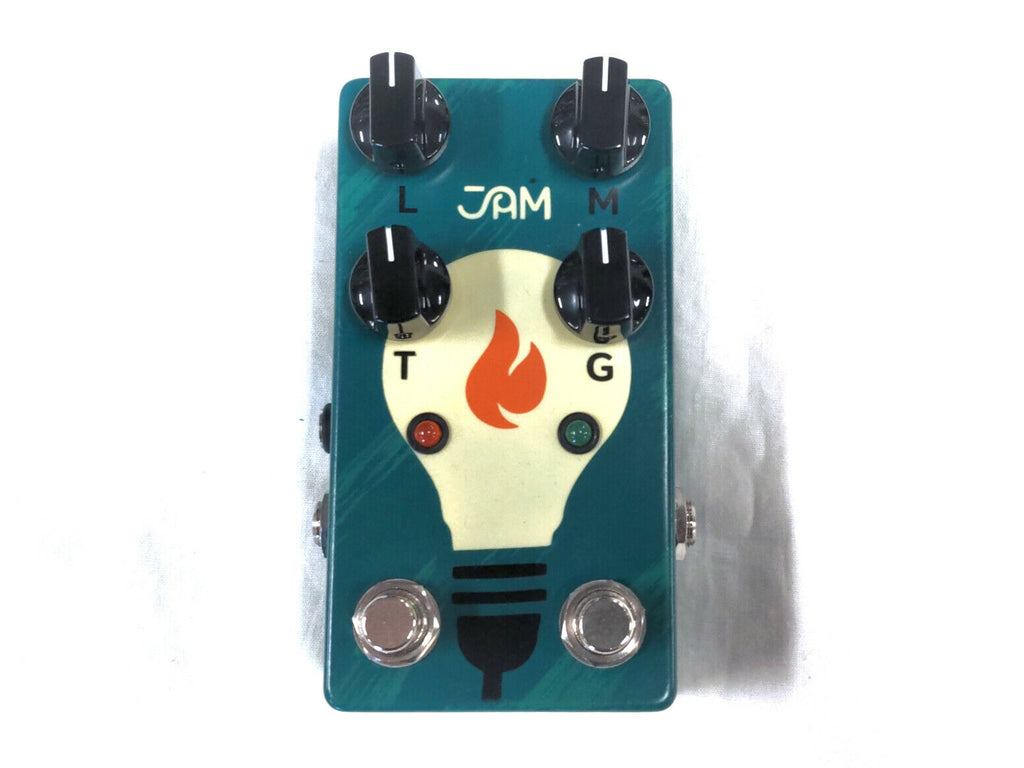 JAM Pedals Lucydreamer teal overdrive pedal with lightbulb and flame graphic