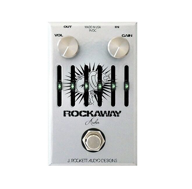 J Rockett Rockaway Archer overdrive EQ pedal — silver enclosure, six-band slider EQ, Vol and Gain knobs, top view