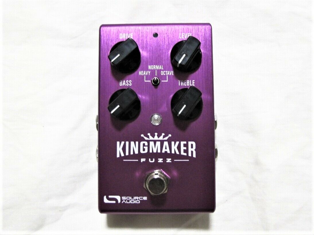 Source Audio SA245 Kingmaker Fuzz pedal — purple anodized enclosure, four knobs and toggle, top view