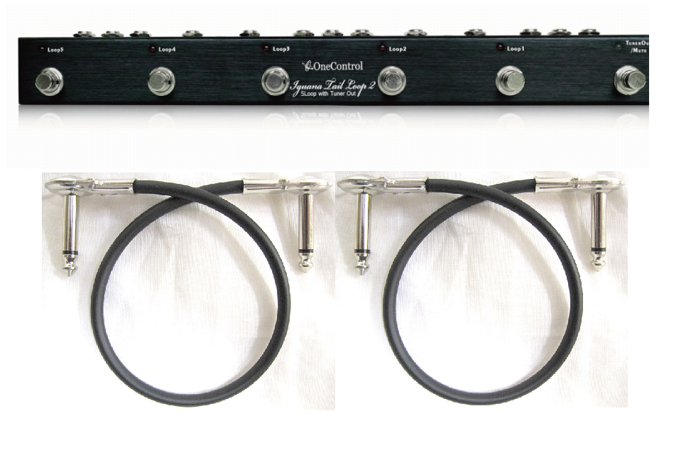 One Control Iguana Tail Loop switcher — black enclosure with two included patch cables